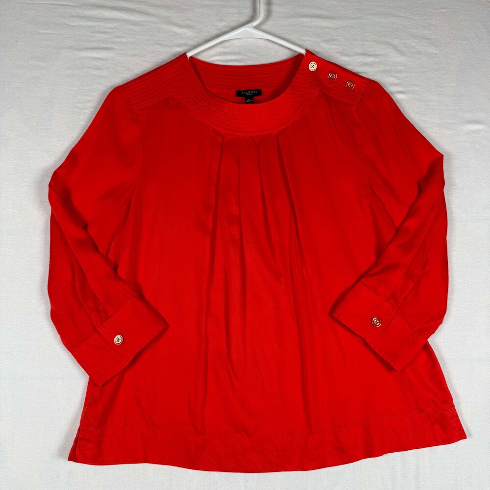 Talbots Red Tencel Lyocell Top Womens 6P Nautical Gold Button Pleated Blouse